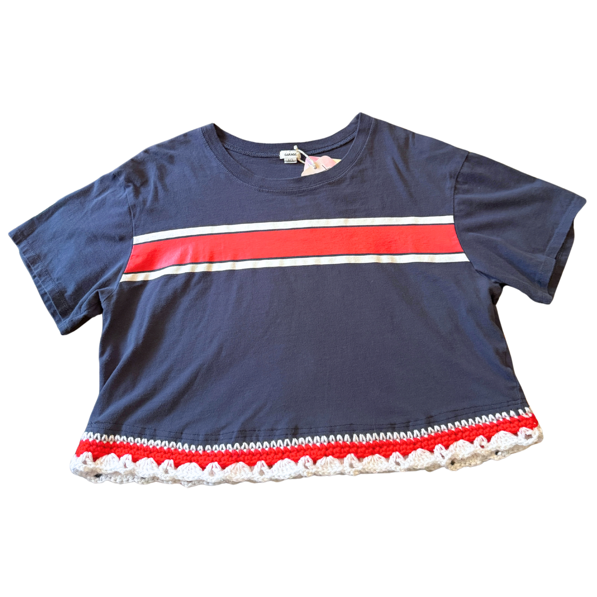 Red Stripe Crochet-Detailed Shirt (L)